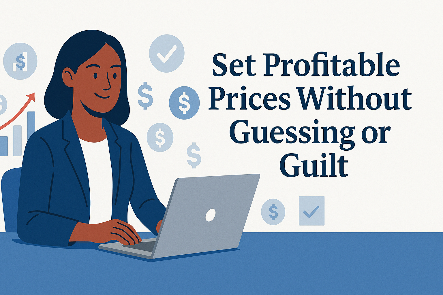 Flat-style illustration of a confident African American woman in a navy blazer working on a laptop, with profit charts, dollar signs, and checkmarks in the background, alongside the blog title “Set Profitable Prices Without Guessing or Guilt.”