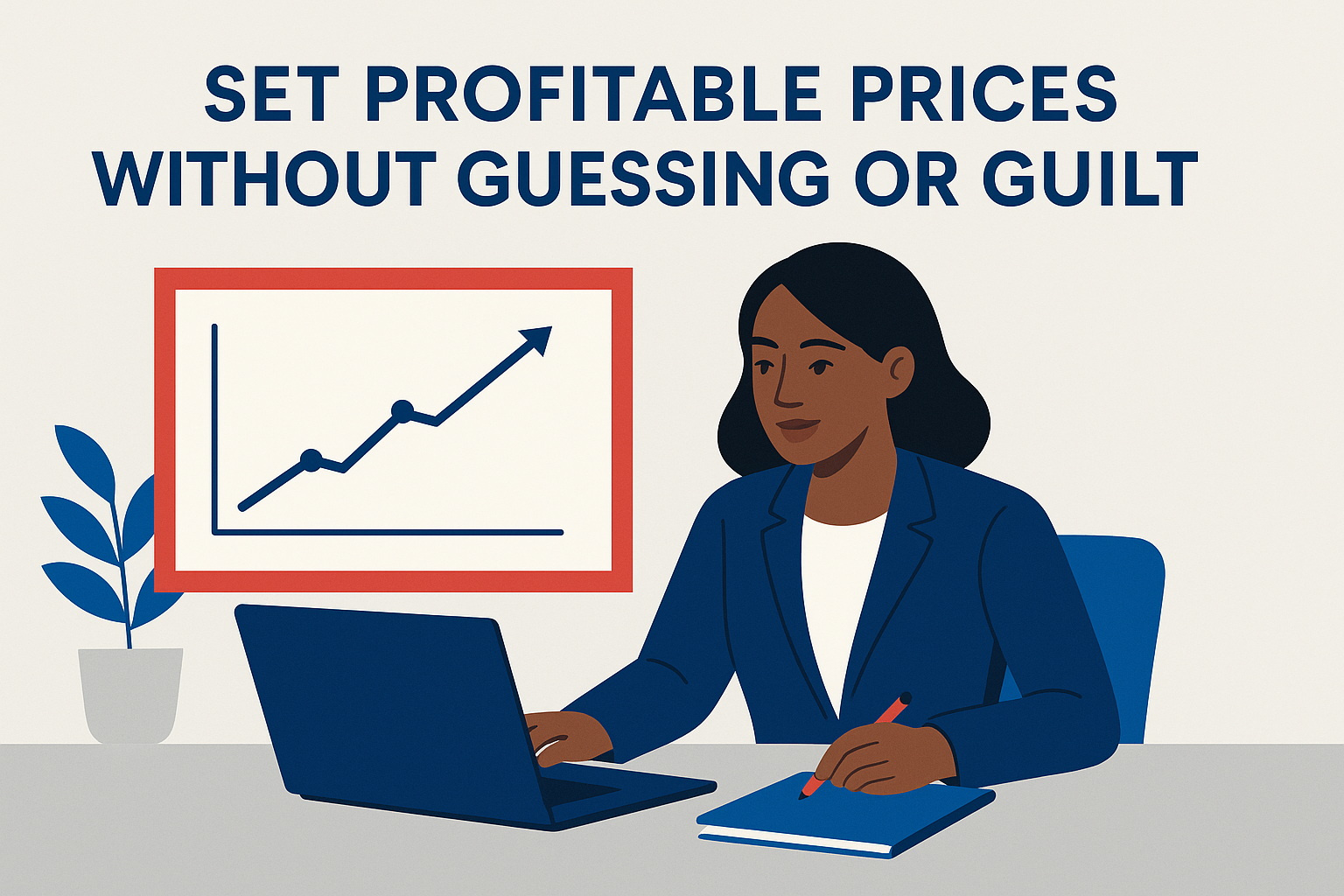 Flat-style editorial illustration of a confident African American woman entrepreneur at a desk with a laptop, reviewing pricing strategy, with the blog title “Set Profitable Prices Without Guessing or Guilt” above.