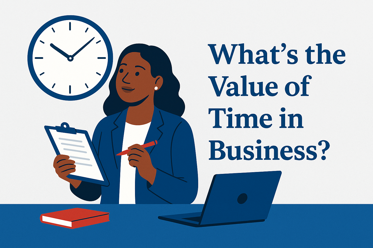 Flat-style illustration of an African American woman entrepreneur in a navy blazer reviewing notes at a desk with a laptop, clock, and red book, with the blog title “What’s the Value of Time in Business?”