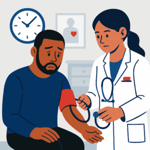 Flat-style illustration of an African American man sitting in a medical office receiving a blood pressure check from a female doctor, with a clock and heart poster in the background, symbolizing the health costs of trading time for a paycheck.