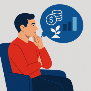 Flat-style illustration of a man in a red sweater sitting thoughtfully in a chair, with a thought bubble showing financial symbols: coins, a bar chart, and a growing plant.