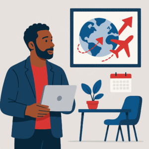 Flat-style illustration of an African American entrepreneur in a navy blazer holding a laptop, standing beside a wall map with red airplanes and arrows showing global travel, symbolizing long-term freedom through valuing time in business.