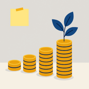 Flat-style illustration of stacked gold coins increasing in height, with the tallest stack sprouting a plant, symbolizing sustainable business growth and financial freedom.