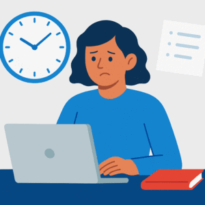 Flat-style illustration of a light-skinned woman with dark blue hair sitting at a desk with a laptop, looking frustrated, with a large clock and a to-do list in the background, symbolizing the cost of wasted time in business.