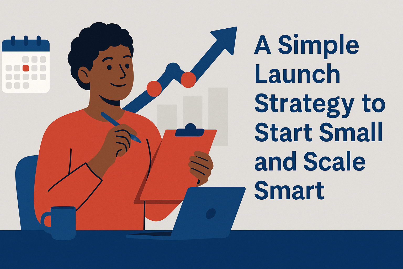 Flat-style illustration of a confident African American woman entrepreneur holding a clipboard at a desk with a laptop and coffee mug, with upward arrows and the blog title “A Simple Launch Strategy to Start Small and Scale Smart.”