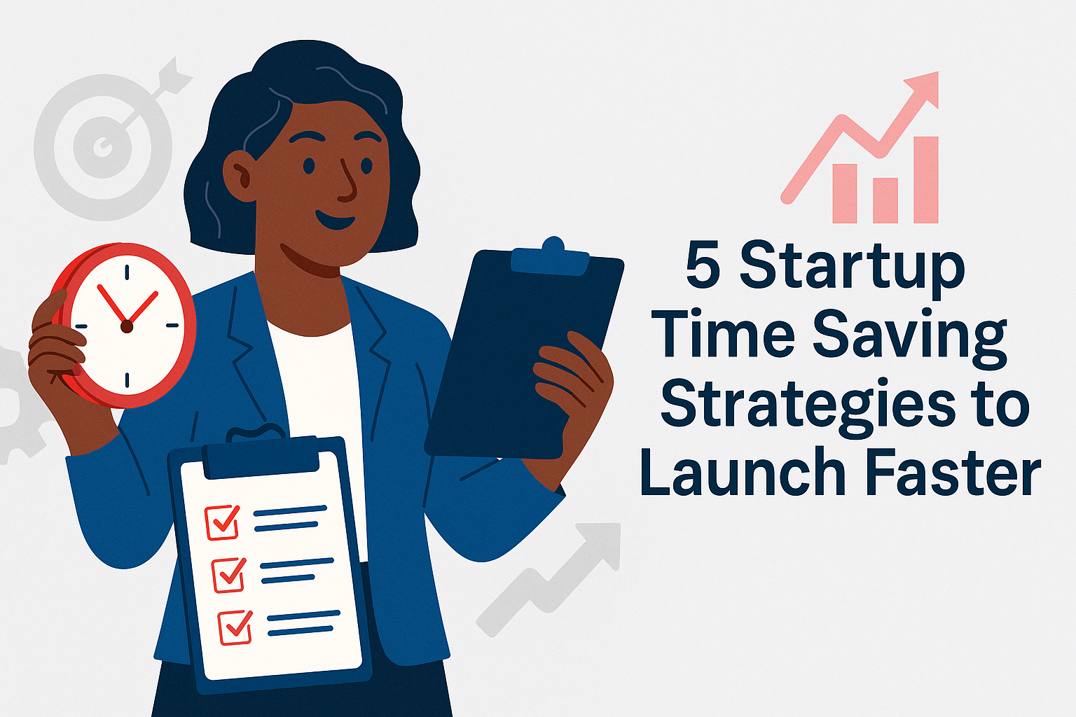 Flat-style illustration of an African American woman entrepreneur holding a clipboard with a checklist in one hand and a red clock in the other, with the blog title “5 Startup Time Saving Strategies to Launch Faster.”