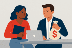 Flat-style illustration of two diverse entrepreneurs at a desk with a laptop, one holding a folder and the other holding a money bag, symbolizing leveraging existing skills and financial resources to accelerate startup growth.