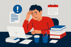 Flat-style illustration of an overwhelmed entrepreneur at a cluttered desk with a laptop, papers, books, and a calendar in the background, symbolizing burnout from poor business design.