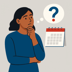 Flat-style illustration of a thoughtful woman with medium skin tone resting her chin on her hand, with a question mark in a thought bubble and a calendar beside her, symbolizing reflection and recalibration.