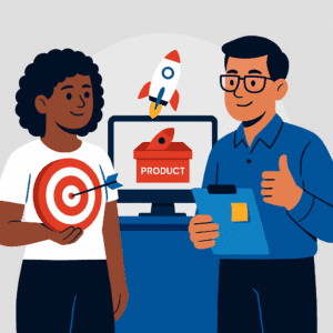 Flat-style illustration of a man in glasses with a clipboard giving a thumbs-up and a woman holding a target, reviewing a product prototype on a computer screen with a small rocket launching, symbolizing validation before building.