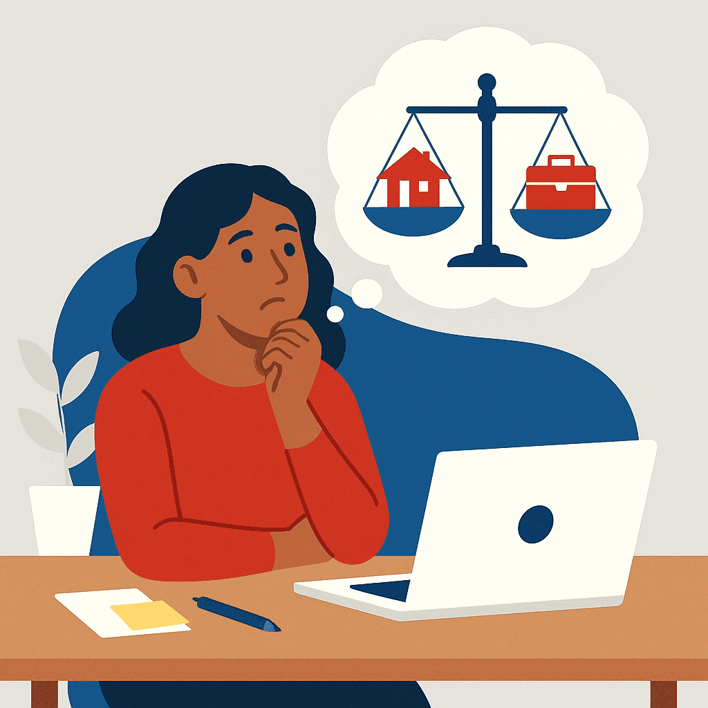 Woman thinking about work-life balance and business direction