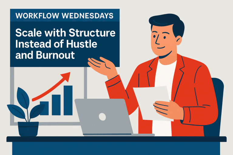 Flat-style illustration of a confident entrepreneur in a red blazer presenting growth strategies with a laptop and upward-trending chart, with the blog title “Scale with Structure Instead of Hustle and Burnout.”