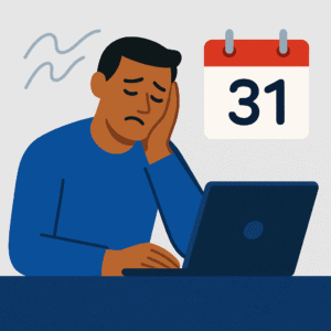 Flat-style illustration of a tired entrepreneur with medium brown skin resting his head on his hand at a desk with a laptop, looking exhausted, with a red calendar showing “31” in the background.