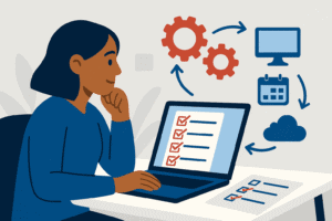 Flat-style illustration of an African American woman at a desk working on her laptop, with a checklist on the screen and red gears transforming into icons of a computer, calendar, and cloud, symbolizing SOPs becoming automations.