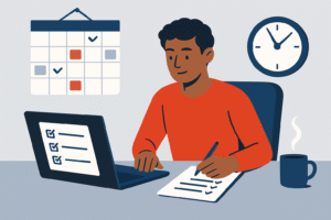 Flat-style illustration of a young man in a red shirt working at a desk with a laptop and checklist, while a wall calendar and clock emphasize his busy schedule.