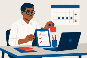 Flat-style illustration of an entrepreneur with glasses calmly organizing a checklist on a clipboard at a desk, with a laptop, red sticky note, and a calendar in the background.