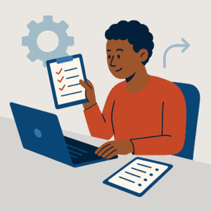 Flat-style illustration of a man in a red shirt working at his desk with a laptop, holding up a checklist clipboard while another checklist lies on the desk, symbolizing what an SOP actually is.