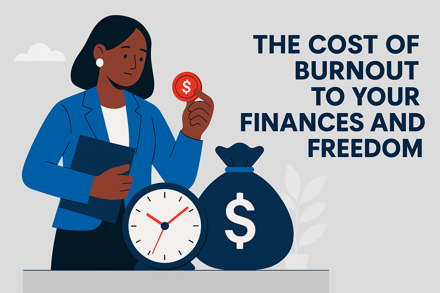 Flat-style illustration of an African American woman in a blue blazer holding a coin with a dollar sign, standing at a desk with a clock and money bag, with the blog title “The Cost of Burnout to Your Finances and Freedom.”