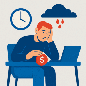 Flat-style illustration of a Caucasian man sitting at a desk with a laptop, holding a red coin with a dollar sign, with a clock and rain cloud in the background, symbolizing the financial cost of burnout.