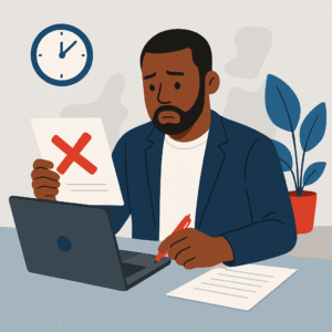 Flat-style illustration of an African American man in a navy blazer reviewing a document with an error mark while working at a desk with a laptop, clock, and plant, symbolizing rework and errors caused by burnout.