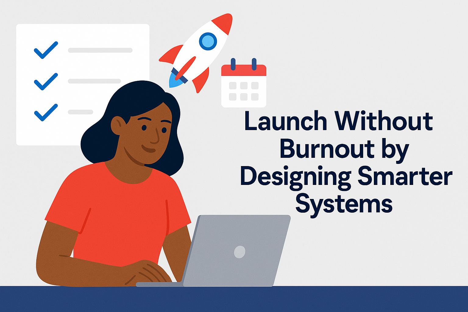 Flat-style illustration of an African American woman in a red shirt working at a laptop with a checklist, rocket, and calendar icons, with the blog title “Launch Without Burnout by Designing Smarter Systems.”