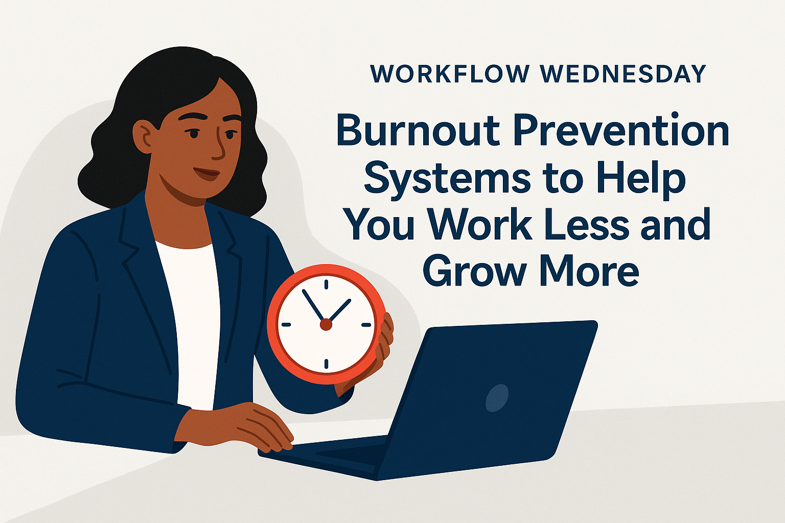 Flat-style illustration of a professional woman in a navy blazer working on a laptop while holding a clock, with the blog title “Burnout Prevention Systems to Help You Work Less and Grow More” displayed clearly in bold text.