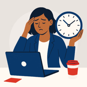 Flat-style illustration of a young woman in a navy blazer sitting at a desk with a laptop, holding a clock in one hand and touching her forehead with the other, symbolizing repetitive burnout cycles before automation.