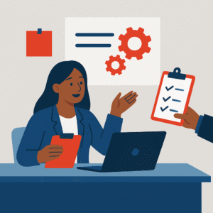 Flat-style illustration of an African American woman at a desk holding a clipboard while gesturing toward another clipboard with checkmarks, with gears in the background, symbolizing delegation through documented processes.