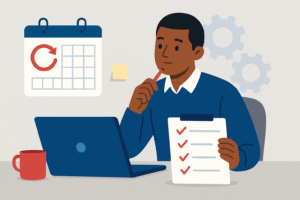 Flat-style illustration of a man in a blue sweater sitting at a desk with a laptop and checklist, reflecting on a calendar with a renewal loop arrow, symbolizing weekly reviews that prevent burnout.