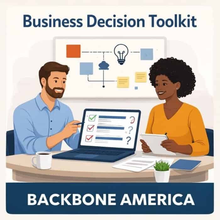 Illustration of a man and woman reviewing options on a laptop, representing the Business Decision Toolkit by Backbone America.