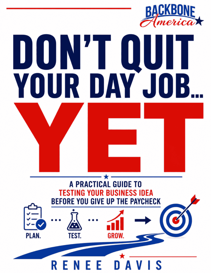 Book cover for Don't Quit Your Day Job... Yet by Renee Davis, featuring the Backbone America logo and blue and red Plan, Test, and Grow graphics.
