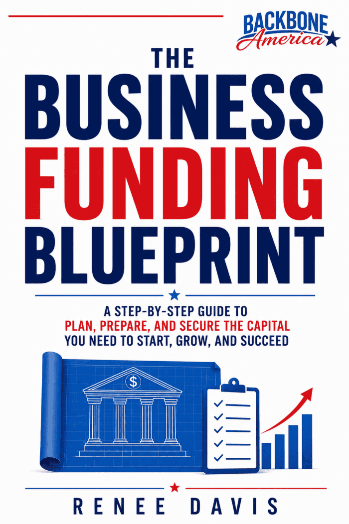 Book cover for The Business Funding Blueprint by Renee Davis, featuring the Backbone America logo and blue and red business planning and funding graphics.
