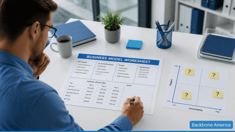 Business professional reviewing assumptions on a business model worksheet and risk matrix.